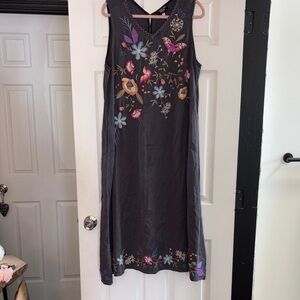 Johnny Was Charcoal Floral Embroidered Midi Dress